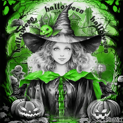 Halloween witch black white green - GIF animado gratis