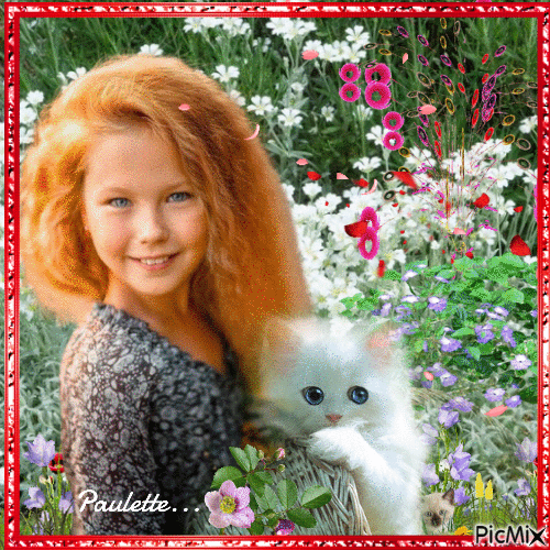 petite fille et son chat blanc - Free animated GIF