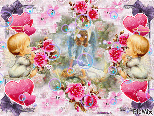 TWO LITTLE ANGELS, INCIRCLED BY FLOWERS, HEARTS, AAND SPARKLES, THERE ARE 2 LITTLE ANGELS BLOWING BUBBLES ALL OVER THE PICTURE. - Gratis geanimeerde GIF
