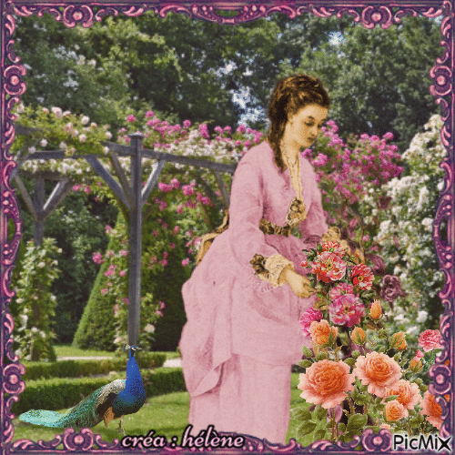 Femme vintage dans une roseraie - Gratis animerad GIF