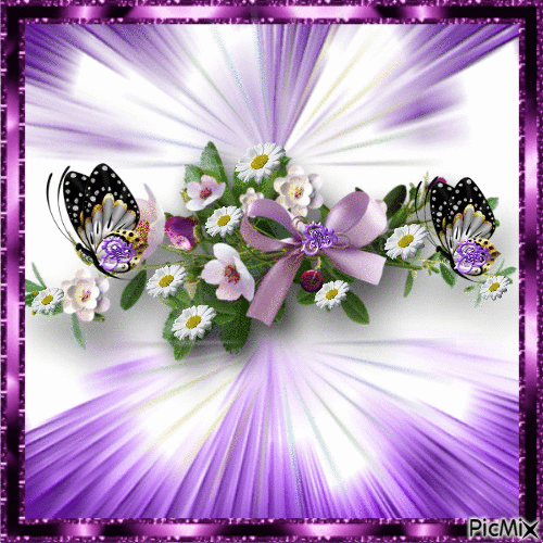 PURPLE FLOWERS, BUTTERFLIES A SPARKLING PURPLE FRAME AND PURPLE LINES COMING FROM THE CENTER. - Animovaný GIF zadarmo