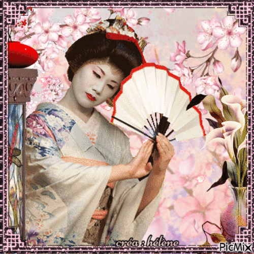 concours : Femme asiatique avec éventail et cerisiers - Бесплатный анимированный гифка