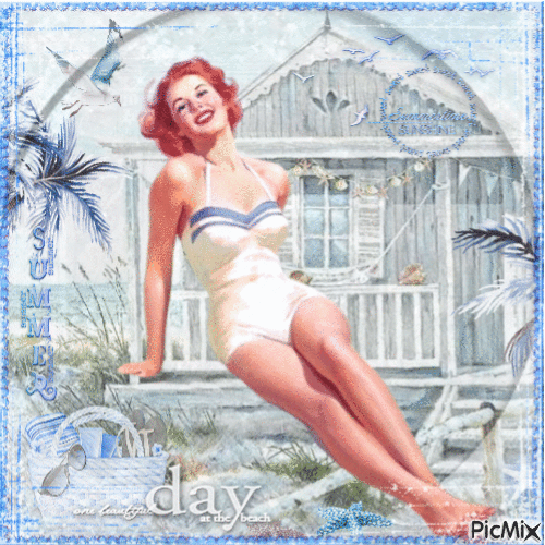 Vintage Summer Woman Beach Cabin - Free animated GIF
