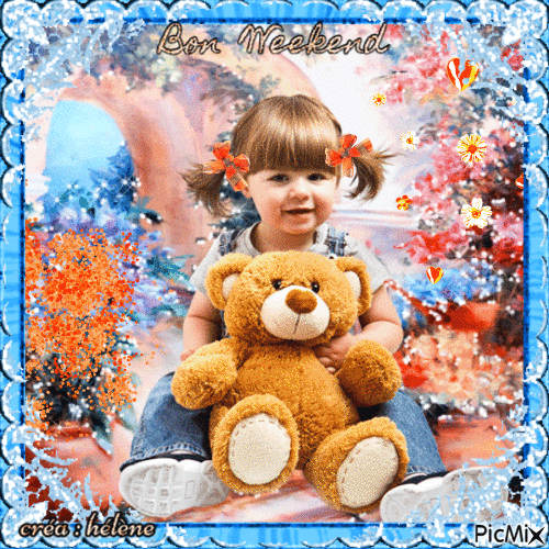 concours : La fillette et sa peluche en orange et bleu - GIF animé gratuit