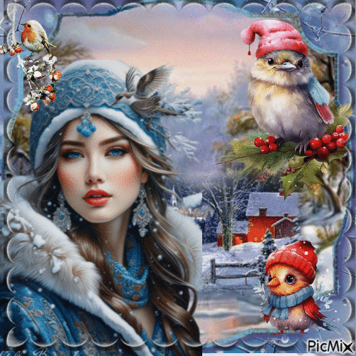femme en hiver avec des oiesaux - 無料のアニメーション GIF