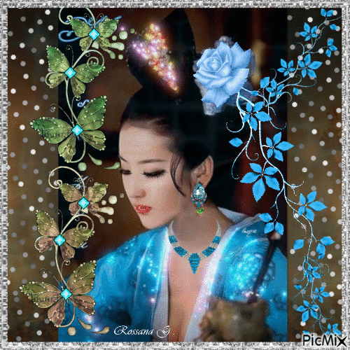 Portrait of a japanese lady with flowers & butterflies - 免费动画 GIF