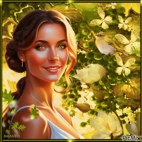 Portrait de femme - Tons verts et jaunes - Gratis geanimeerde GIF