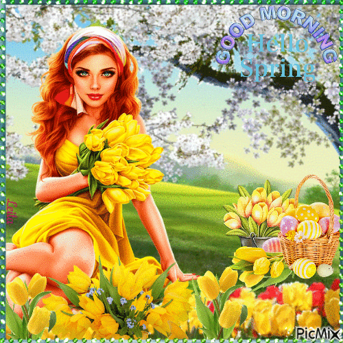Good Morning. Hello Spring. Yellow tulips - Ingyenes animált GIF