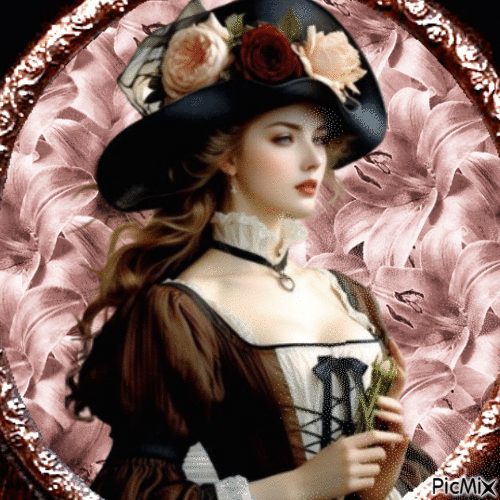 Dama con sombrero de flores - GIF animé gratuit
