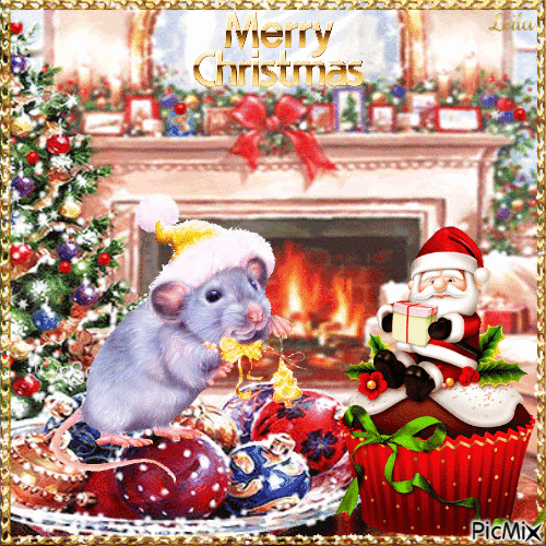 Merry Christmas. Mouse and Santa cake - GIF animasi gratis