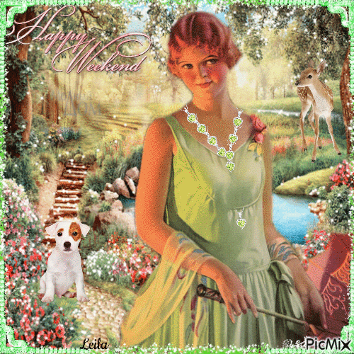 Happy Weekend. Lady in the garden - Besplatni animirani GIF