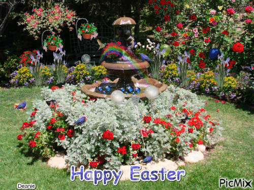 Happy Easter Bird Bath Scene - GIF animé gratuit