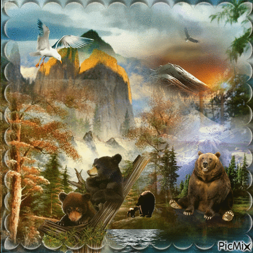 Paysage,montagne,printemps,ours,rivière/lac - GIF animé gratuit
