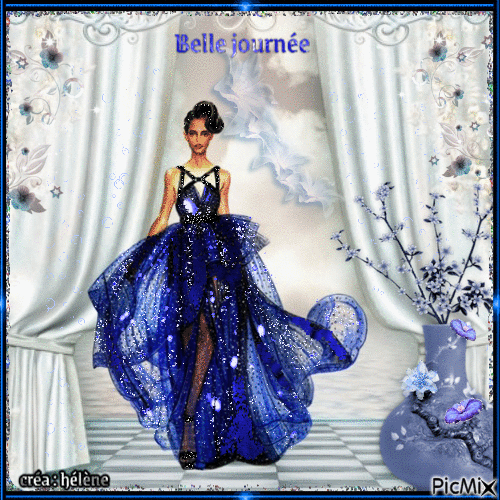 en robe longue fendue  bleue - Bezmaksas animēts GIF