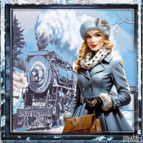 Elegante donna vintage in inverno in attesa del suo treno - Бесплатни анимирани ГИФ