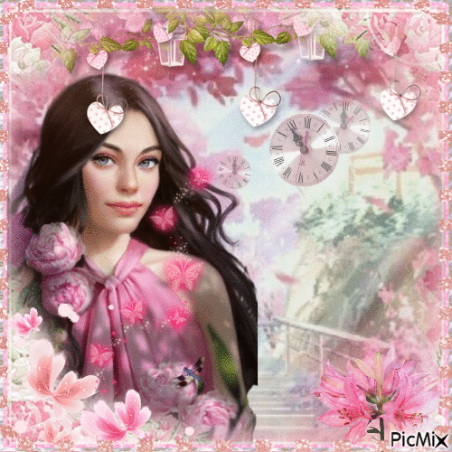 girl with pink roses - Ilmainen animoitu GIF