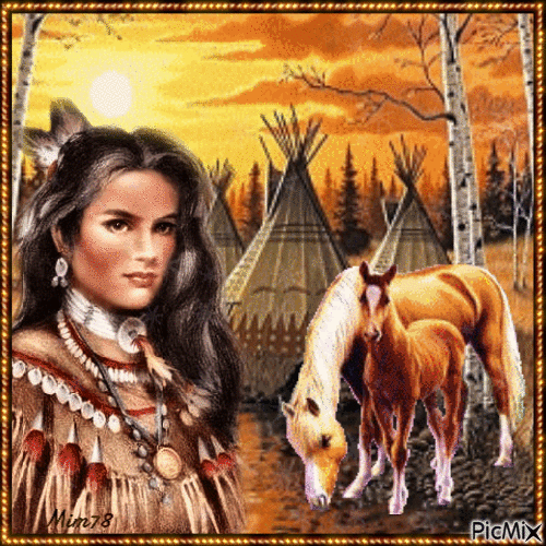 Chevaux avec une Amérindienne - GIF animado grátis
