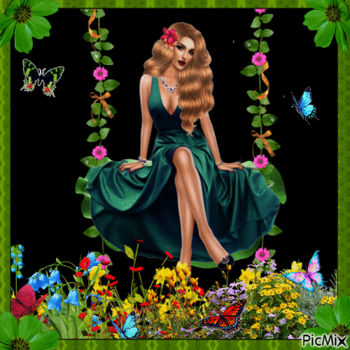 primavera chica de verde - Бесплатный анимированный гифка