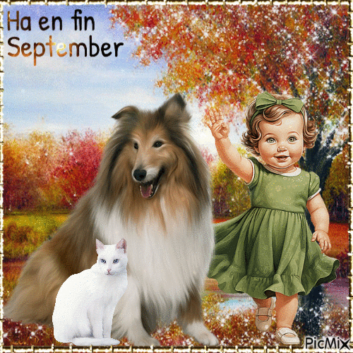 Have a nice September. Little girl, dog, cat - Безплатен анимиран GIF