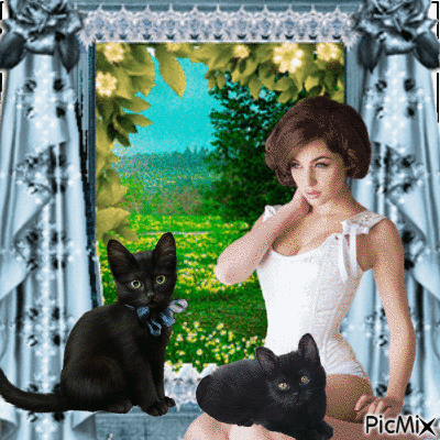 woman with pet in window - Gratis animeret GIF