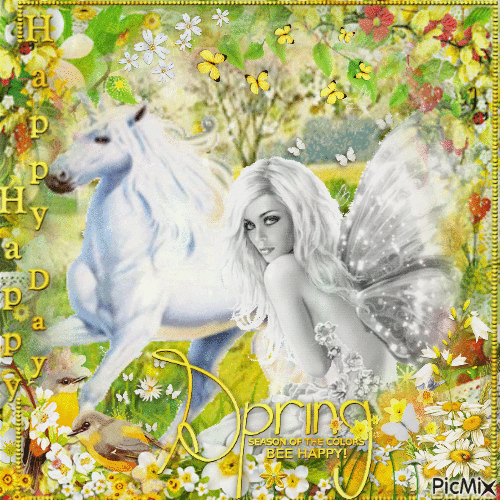 Spring fantasy with a unicorn and fairy - GIF animé gratuit