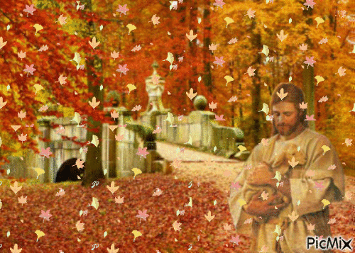 Jesus com ovelha na paisagem de Outono - GIF animado gratis