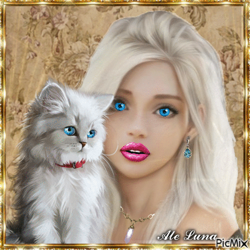 Girl&White Cat - Ingyenes animált GIF