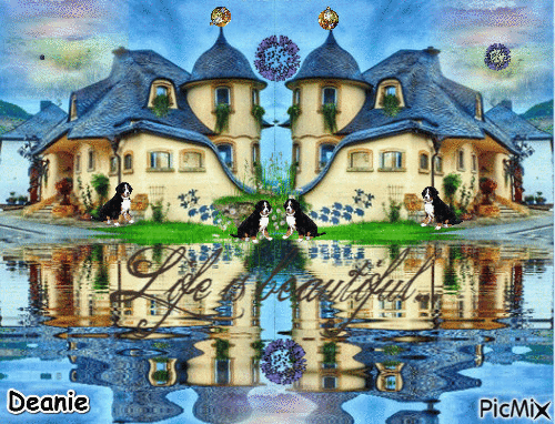 Blue Roofed Lake Scene - Gratis geanimeerde GIF