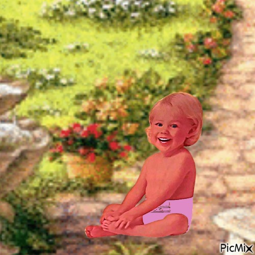 Painted baby in garden 2 - zadarmo png