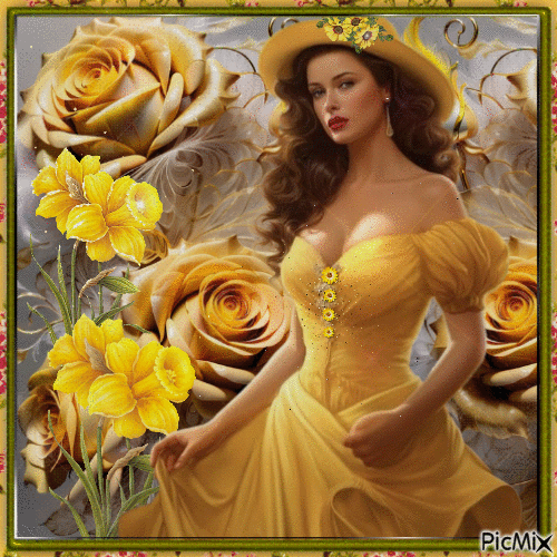 Morena de amarillo con flores amarillas - GIF animado grátis
