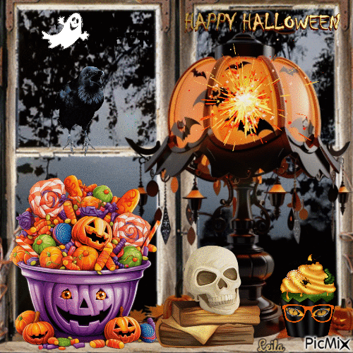 Happy Halloween. Window, candy - GIF animado gratis