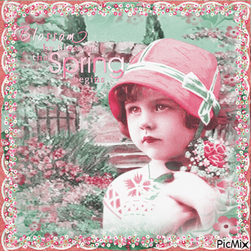 Girl in spring - Pink and green tones - Kostenlose animierte GIFs