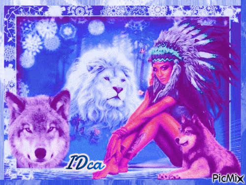 Le loup  le lion et l'amérindienne - Gratis animeret GIF
