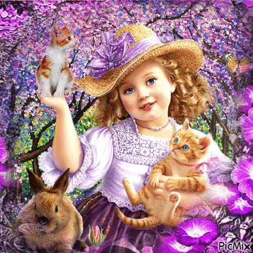La petite fille,  deux chats et un lapin - GIF animé gratuit