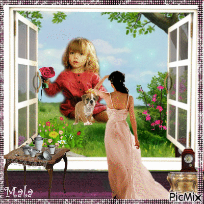 La petite fille et les fleurs - Безплатен анимиран GIF