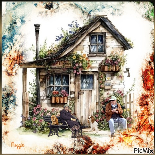 grandparents in front of their house - gratis png