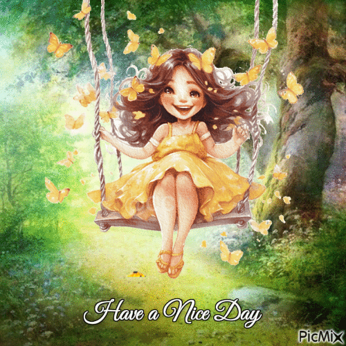 Have a Nice Day Little Girl and Butterflies - Безплатен анимиран GIF
