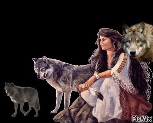 Les loups et la femme - Бесплатный анимированный гифка