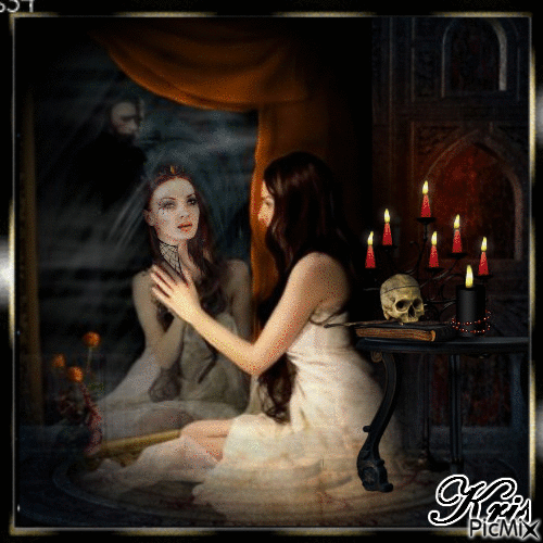 Femme gothique dans le miroir - Gratis geanimeerde GIF