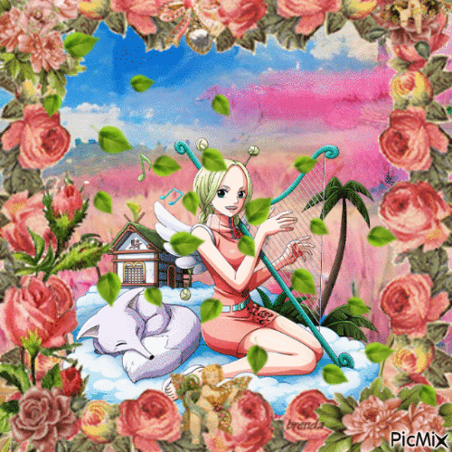 Conis playing her harp on a springful day - GIF animé gratuit