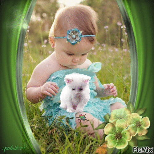 kleines Mädchen mit weißer Katze - Free animated GIF