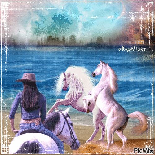 Femme et cheval blanc... 🦄🐴🦄 - GIF animé gratuit