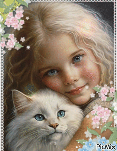 LITTLE GIRL WITH HER WHITE CAT - Free animated GIF