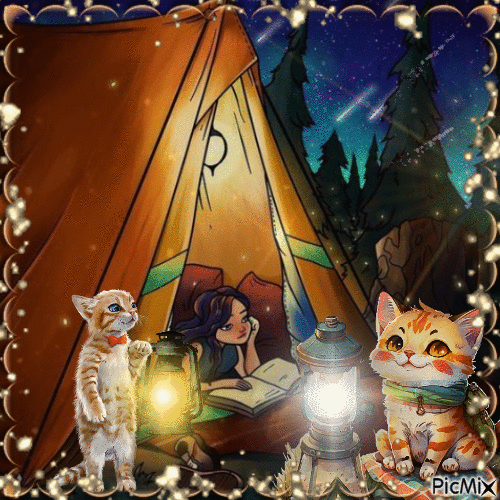 Camping - Gato - Acuarela - GIF animado gratis