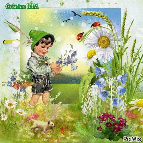 Petit garçon cueillant des fleurs par BBM - Gratis animerad GIF
