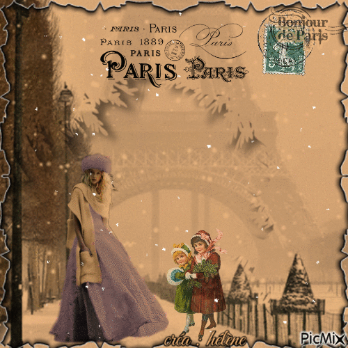 carte "Bonjour de Paris sous la neige" ( vintage ) - Free animated GIF