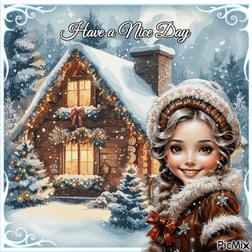 Have a Nice Day House in the Snow and a Little Girl - Бесплатни анимирани ГИФ