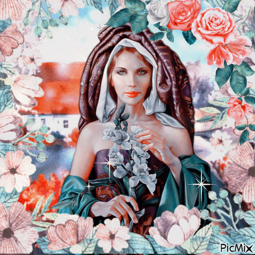 woman with flowers - Gratis geanimeerde GIF
