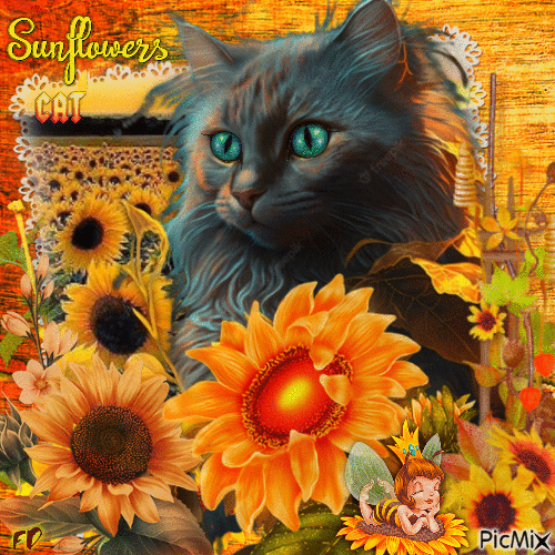 Katze in den Sonnenblumen - Бесплатный анимированный гифка