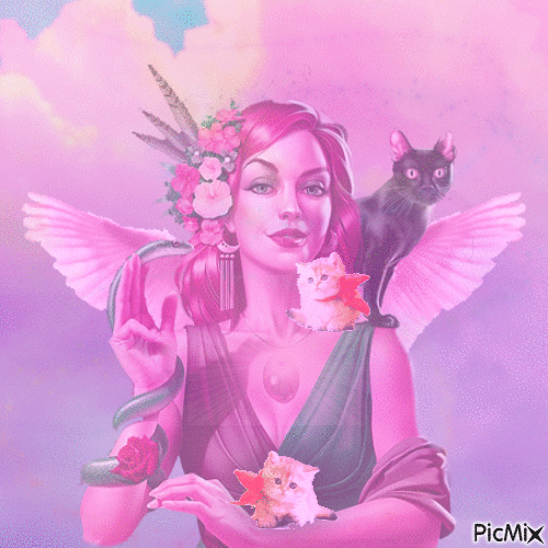 Ange rose et chatons - GIF animé gratuit